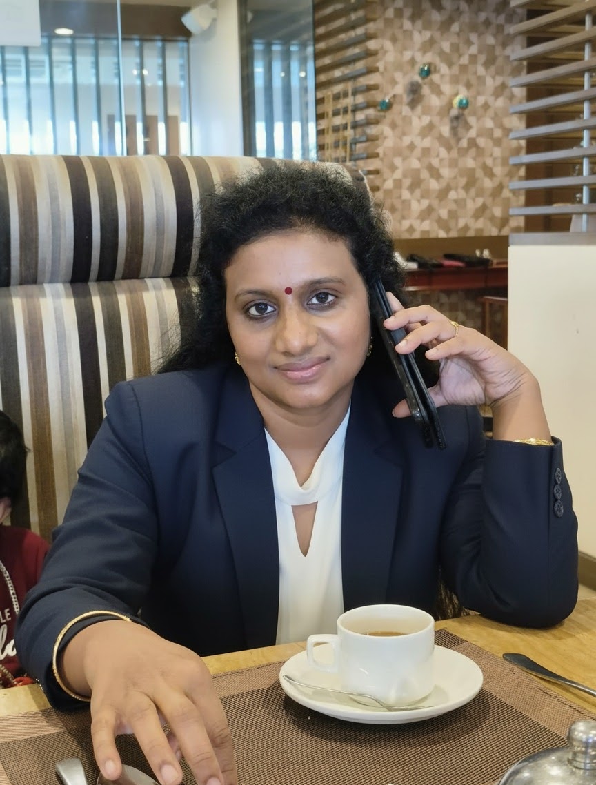 Sindhu Arahvindhan seated at a table on a phone call